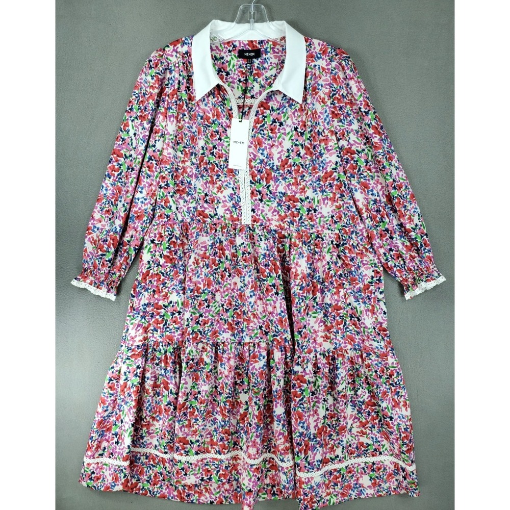 New ME+EM Watercolor Floral Short Swing Dress Red Pink White Multi US Size 10